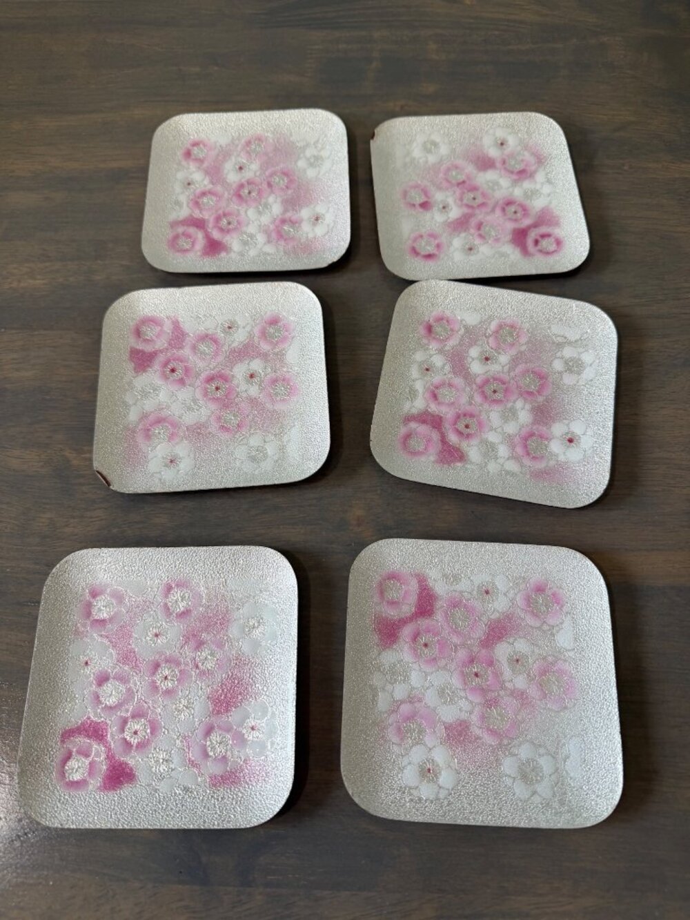 Set of 6 Japanese Enameled Metal Cloisonne Appetizer Trays